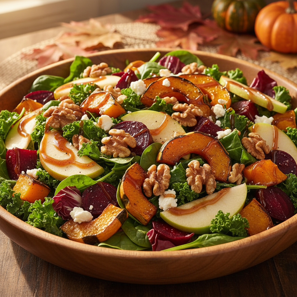 Recette salade automne qui réchauffe : légumes rôtis, fruits croquants et fromage fondant