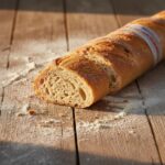 Baguette française croustillante d'Intermarché posée sur une table en bois avec de la farine, lumière dorée mettant en valeur la texture