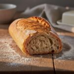 Baguette française fraîchement cuite avec croûte dorée et mie alvéolée, posée sur une table en bois avec traces de farine