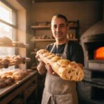 Boulanger français tenant une baguette traditionnelle avec croûte dorée et mie alvéolée dans sa boulangerie