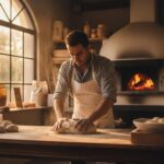 Boulanger professionnel pétrissant la pâte pour des baguettes dans une boulangerie avec four à bois en arrière-plan
