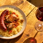 Assiette de couscous poulet merguez accompagnée d'un verre de vin rouge posé sur une table en bois
