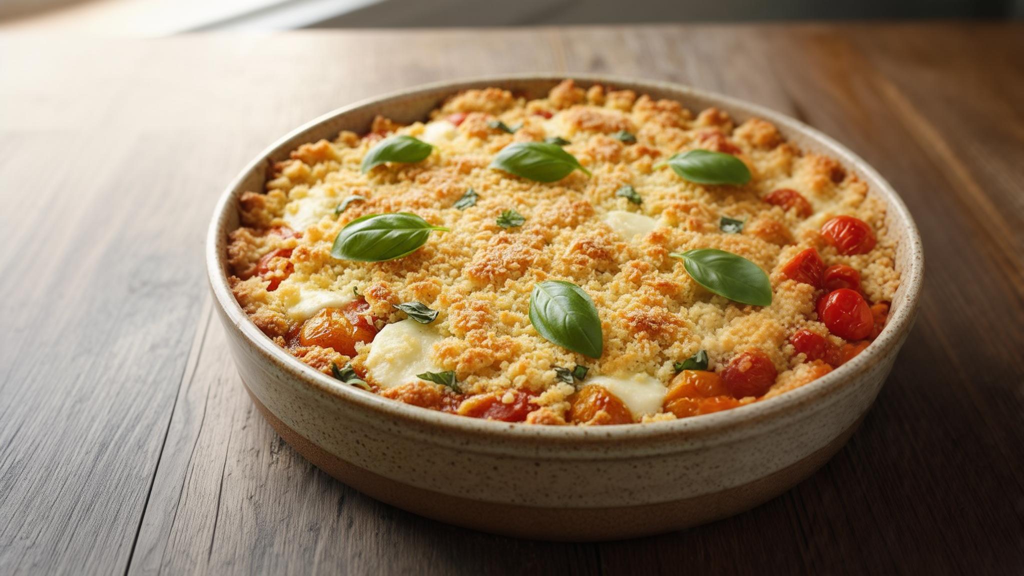 Ce crumble salé tomate-mozza combine 180°C de croustillant avec la fraîcheur d’été