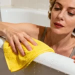 Femme de 50 ans nettoyant le rebord d'une baignoire blanche avec un chiffon microfibre jaune vif