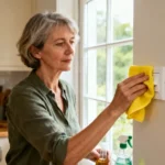 Femme de 55 ans utilisant un chiffon jaune pour nettoyer un interrupteur avec des ingrédients naturels dans sa cuisine