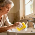 Femme d'âge mûr nettoyant un lavabo avec du bicarbonate de soude et une éponge jaune vif dans une salle de bain lumineuse
