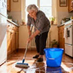 Femme de 60 ans nettoyant le sol d'une cuisine française avec un seau bleu vif et une technique traditionnelle