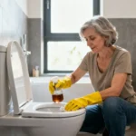 Femme de 55 ans portant des gants jaunes nettoyant des toilettes avec du vinaigre dans une salle de bain moderne