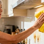 Femme de 55 ans en train de nettoyer la crédence de sa cuisine avec un chiffon microfibre jaune après avoir cuisiné