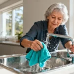 Femme d'âge mûr rinçant un évier en acier inoxydable avec de l'eau claire et une serviette turquoise