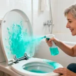Femme de 55 ans démontrant l'utilisation d'un système de nettoyage de lunette WC avec spray turquoise