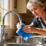 Femme d'âge moyen nettoyant un robinet de cuisine avec un chiffon bleu et du vinaigre blanc