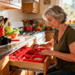 Femme de 55 ans rangeant des tiroirs de cuisine avec des bacs d'organisation rouge vif dans une cuisine éclairée naturellement