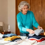 Femme d'âge moyen pliant un pull turquoise selon la méthode KonMari dans une chambre bien rangée avec lumière naturelle
