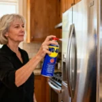 Femme de 55 ans vaporisant du WD-40 sur la porte d'un réfrigérateur en acier inoxydable