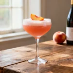 Kir pêche rafraîchissant dans un verre à vin posé sur une table en bois avec des pêches et une bouteille en arrière-plan