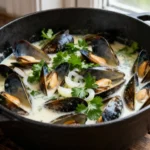 Moules fraîches cuisinées en sauce au vin blanc avec persil et échalotes, servies dans une marmite noire sur table en bois