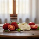 Mozzarella di bufala fraîche et tomates San Marzano mûres disposées sur une table en bois rustique
