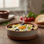 Œufs cocotte servis dans une ramequin en céramique avec feta et olives, vapeur s'échappant, ingrédients en arrière-plan