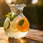 Sangria blanche dans une carafe en cristal avec tranches d'agrumes et feuilles de menthe fraîche sur table en bois