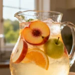 Gros plan d'une sangria blanche dans une carafe en verre avec tranches de pêches, pommes et agrumes, lumière naturelle