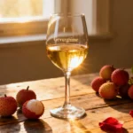Verre de vin gewurztraminer avec reflets dorés, entouré de litchis et pétales de rose sur table en bois rustique