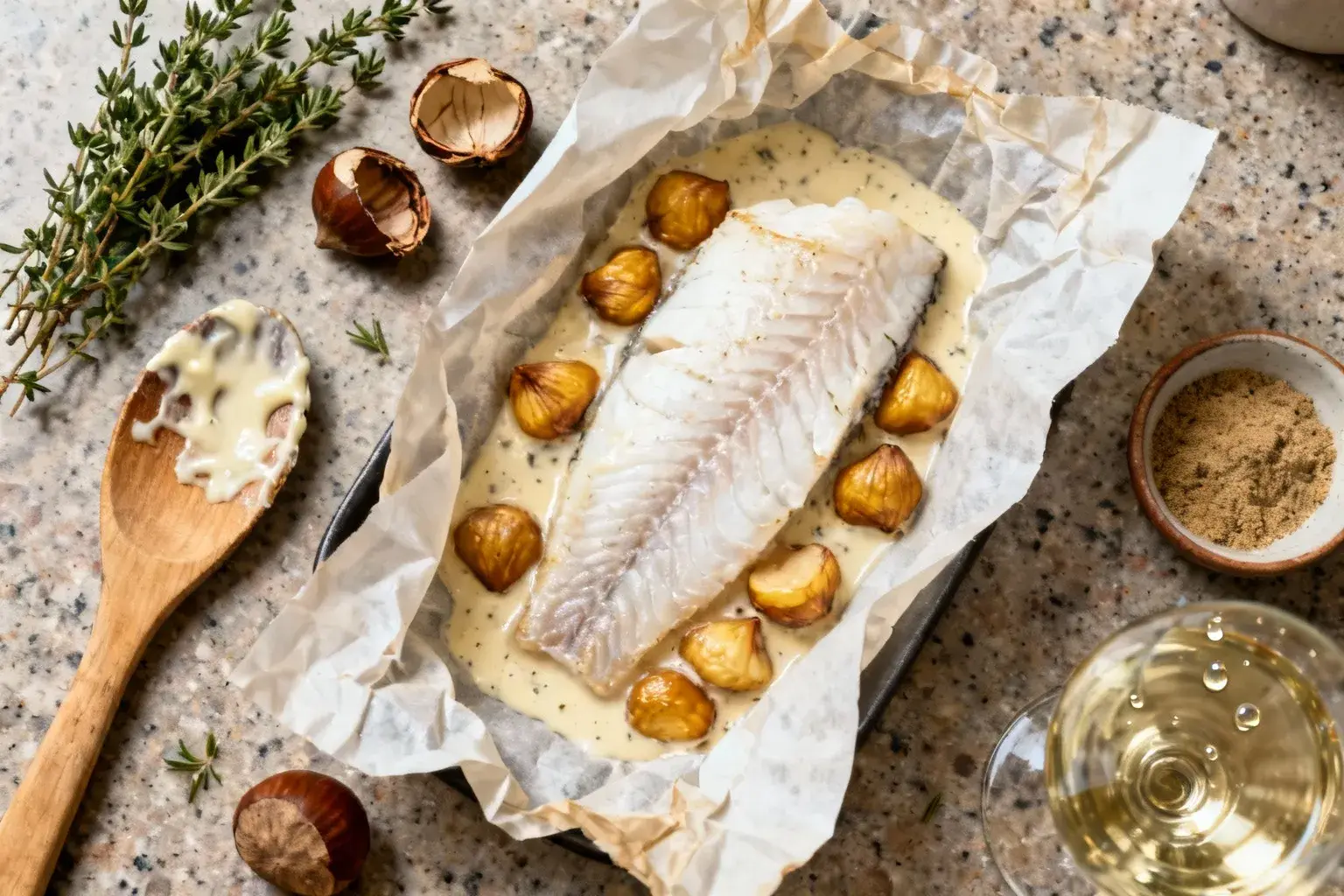 Cette cuisson 28 minutes révèle 32 grammes de fibres par châtaigne qui transforment ce cabillaud en satiété 4 heures