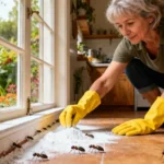Femme de 55 ans portant des gants jaunes appliquant de la terre diatomée blanche le long d'une plinthe dans une cuisine