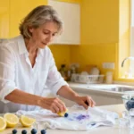 Femme de 55 ans en train d'enlever une tache de myrtille sur chemise blanche avec des tranches de citron et des glaçons