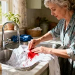 Femme de 50 ans retire une tache de sang sur une chemise blanche avec de l'eau froide et du savon naturel