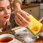 Femme d'âge mûr démontrant une technique de nettoyage de tache de thé avec une éponge jaune et de l'eau gazeuse