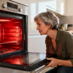 Femme de 55 ans vérifiant l'intérieur propre d'un four pyrolytique rouge après un cycle de nettoyage à haute température