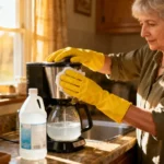 Femme portant des gants jaunes nettoyant une cafetière avec une solution de vinaigre blanc dans une cuisine lumineuse