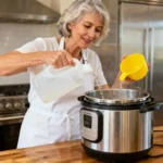 Femme de 55 ans nettoyant un cuiseur vapeur avec du vinaigre blanc dans une cuisine moderne