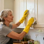 Femme de 55 ans en train de nettoyer des portes de cuisine avec un chiffon et des gants jaunes, lumière naturelle