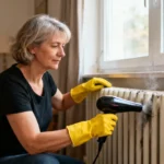 Femme de 55 ans utilisant un sèche-cheveux pour nettoyer un radiateur, portant des gants jaunes vifs dans un intérieur lumineux