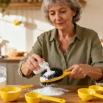 Femme européenne de 55 ans nettoyant une brosse à cheveux avec une solution de bicarbonate dans sa cuisine