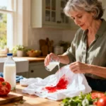 Femme de 50 ans utilisant du lait froid pour enlever une tache de tomate sur une blouse blanche dans une cuisine
