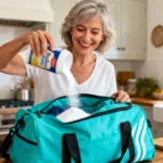 Femme de 55 ans saupoudrant du bicarbonate de soude dans un sac de sport turquoise dans une cuisine ensoleillée