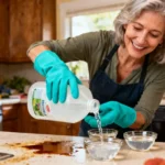 Femme souriante versant du vinaigre blanc dans des bols avec des gants turquoise pour éliminer l'odeur de fuel dans sa cuisine