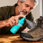 Homme de 50 ans appliquant le désodorisant naturel Lumi Outdoors sur ses chaussures de randonnée