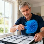 Homme de 55 ans démontrant la technique de nettoyage d'un filtre HEPA avec une brosse bleue dans un intérieur lumineux