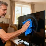 Homme de 55 ans nettoyant un écran de télévision avec un chiffon en microfibre bleu dans un mouvement circulaire