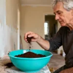 Personne répandant du marc de café dans un bol turquoise pour neutraliser les odeurs de peinture fraîche