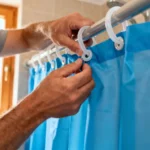 Mains expertes d’un plombier détachant un rideau de douche bleu vif des œillets en plastique sans les abîmer