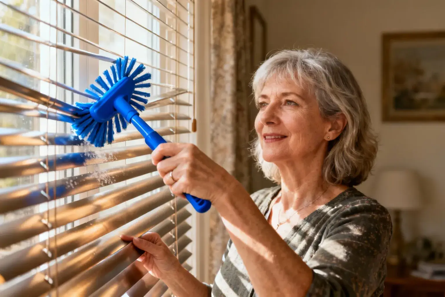 Cette brosse à 7 tiges pivotantes nettoie vos stores sans les rayer